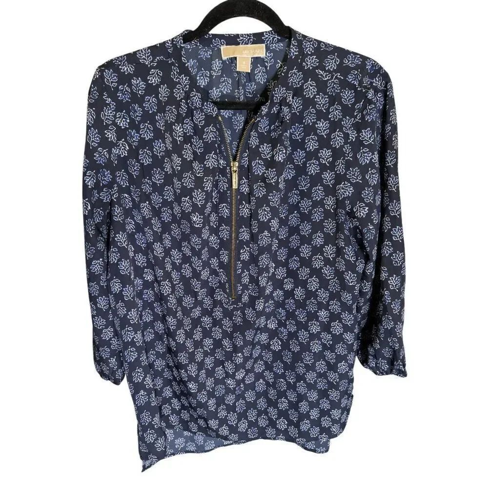 Michael Kors Popover 3/4 Sleeve Blouse Top Size 4 Half Zip Floral Blue Women's 8